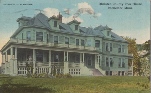Olmstead County poor farm postcard A colorized picture of the Olmstead County Poor Farm residence.